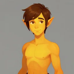 elf with short brown hair. His skin is a vibrant orange yellow. by craig mullins, featured on artstation