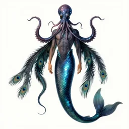 concept designs for an electrical black light merman with an eel tail instead of legs, with a squid like parasite for its head, and with long squid tentacles for arms that flow gracefully at its sides and resemble peacock feathers, art by yuji ikehata and satoshi kon and miyazaki, realism, proper human male proportions, fully clothed