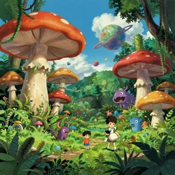 illustration of a colorful jungle landscape, giant mushrooms, unknown planet, strange animals, by studio ghibli and akira toriyama. artstation, insanely detailed, 4 k.