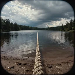 centered photograph of a single line of thick long rope floating on the surface stretching out to the center of the lake, a dark lake sandy shore on a cloudy day, color film, trees in the background, hyper - detailed photo, anamorphic lens