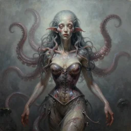 by Tom Bagshaw, ultra realist soft painting of lovecraft and giger world of curiosities, single hybrid female Cthulhu mutation in a corset, tentacles, partial symmetry accurate features, very intricate details, focus, curvy, award winning, ultra dense fog