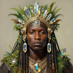 upper half portrait of retro futuristic african tribal chief - embellished with vegetation and iridescent crystals, art by greg hildebrandt, highly detailed, digital painting, concept art, illustration, smooth sharp focus, intricate, symmetry, artstation, colourful,