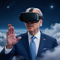 joe biden wearing a vr headset in heaven