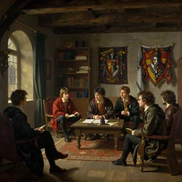 gryffindor common room scene, harry potter, gryffindor, by jean - leon gerome, otto pilny, adrien henri tanoux, giulio rosati, orientalism painting - n 6