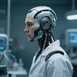 a laboratory operator man with cybernetic enhancements seen from a distance, halfbody headshot, scifi character portrait by greg rutkowski, craig mullins, daytoner, cinematic lighting, dystopian scifi gear, profile picture, mechanical, cyborg, half robot