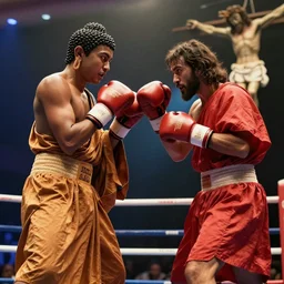 gautama buddha boxing with jesus christ in a boxing match. 4 k footage