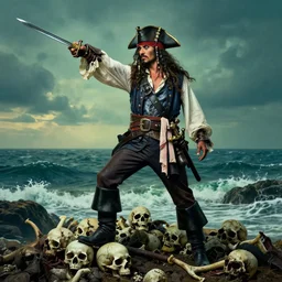 an epic fullbody portrait of a pirate captain in masculine pose standing on a pile of skulls and pointing his sword to the sea and the horizone. by boris valejho in style of waldemar von kozak