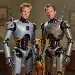 an episode of frasier, set in the year 2 1 2 2, frasier ( kelsey grammer ) and niles ( david hyde pierce ) are bio - mechanical robots. frasiers dad ( john mahoney ) is a cyborg, and the dog is a droid, intricate detail, volumetric shadows and lighting, realistic oil painting by tim hildebrandt,