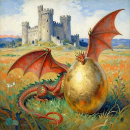 A beautifully detailed painting of a dragon and a golden metallic dragon egg in a vast field with a ruined castle of stone, inspired by Ivan Bilibin and Edmund Dulac. scarlet–green and mustard–indigo and azure–orange and white color scheme