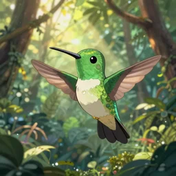 cute cartoon hummingbird in the Colombian jungle, Ghibli, clipart