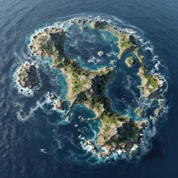 dimetric drone photography this is a land on an unforgiving world of churning oceans and jagged coastlines. every habitable island is situated somewhere along the planet's equator where the weather is still volatile but more hospitable than any points to the north or south