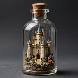 miniature castle stored inside an ancient sealed bottle via sorcery