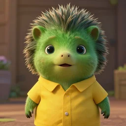 green hedgehog animal by Pixar with yellow shirt, cinematic shot