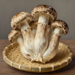 portobello mushrooms growing on a plate made of bamboo, still nature painting dated 1 6 5 0, very detailed, very light