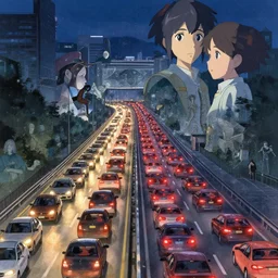 mega-highway backed up by traffic at midnight, in marble incrusted of legends official fanart behance hd by Jesper Ejsing, by RHADS, Makoto Shinkai and Lois van baarle, ilya kuvshinov, rossdraws global illumination