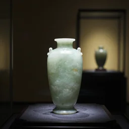 an organic jade vase, sitting on a pedestal, in the middle of a balsa room, with dim light, glowing background, moody setting, highest quality, 8 k