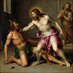 Jesus beating Satan on the floor, horror, renaissance painting, digital art
