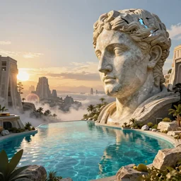 David Ligare, scifi landscape, hyperrealistic surrealism, award winning masterpiece with incredible details, epic stunning, infinity pool, a surreal vaporwave liminal space, highly detailed, trending on ArtStation, artgerm and greg rutkowski and alphonse mucha, daily deviation, IAMAG, broken giant marble head statue ruins, golden hour
