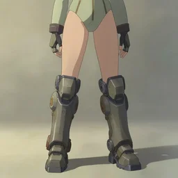 sci fi female character, muted colored bodysuit, sci-fi large mechanical boots that go up to the thigh, soft lighting, wojtek fus, by Makoto Shinkai and Ilya Kuvshinov,