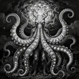By Tom Bagshaw, ultra realist soft painting of curiosities carnival by night, very beautiful full bodysuit massive tentacles bioluminescence, symmetry accurate features, very intricate details, ominous sky, black and white, volumetric light clouds
