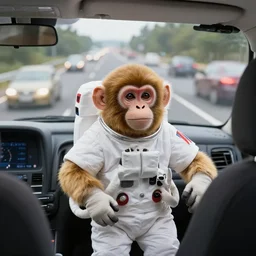 an astronaut monkey, on a highway full of cars at high speed, c 1