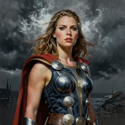 ultra realistic portrait painting of female thor, art by frank frazetta, vintage levi ’ s ad, stormy weather, dark vibes, 4 k, ultra realistic, highly detailed, epic lighting