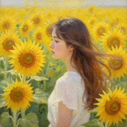 a girl in amazing tall sunflower field, her hair flowing down, subtle, intricate details, real masterpiece, oil on canvas, by somsak anong