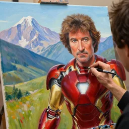 a closeup photorealistic photograph of bob ross working on a canvas painting of iron man at a distance. mountain scape. film still, vibrant colors. this 4 k hd image is trending on artstation, featured on behance, well - rendered, extra crisp, features intricate detail, epic composition and the style of unreal engine.