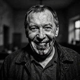 Sergei lavrov is smiling crazy bloody butcher in slaughterhouse TERRIFYING SCARY LOOKING AT YOU UP CLOSE HORRIFYING historical asylum Black and white picture of bloody Sergei lavrov as butcher in slaughterhouse smiling bloody teeth
