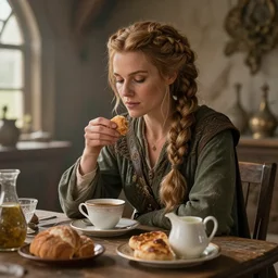 A hearty nice dwarven lady at her home at morning before a breakfast table wishing good morning, highly detailed complex braided hair, realistic, beautiful, fantasy art, dungeons and dragons, lord of the rings, in the style of donato giancola and thomas kinkade, illustration, cozy, fantasy, intricate, hyper detailed, artstation, concept art, smooth, sharp focus, ray tracing, vibrant, photorealistic
