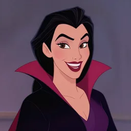 head and shoulder shot of a female vampire drawn by disney, hard lighting, professional studio, smile, vibrant colors, fashion