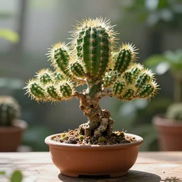 magical cute alive bonsai cactus in a pot, on the table, herbology, hd photography, coherent, intricate, radiant light