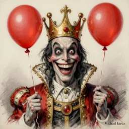 surrealism grunge cartoon portrait sketch of a king with a wide smile and a red balloon by - michael karcz, loony toons style, horror theme, detailed, elegant, intricate