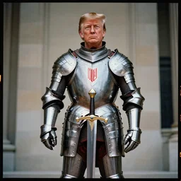 photo of donald trump, kodak portra 4 0 0, wearing a suit of knight ’ s armor, two arms, two legs, symmetrical face, donald trump ’ s face, donald trump, donald trump holding a mythical sword, knights armor