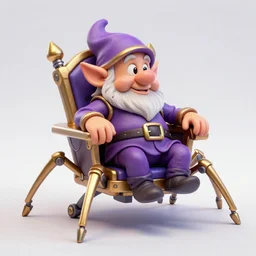 dwarf fighter sitting in mechanical chair that has spider legs, gold and purple, exquisite details, black beard, white background, by studio muti