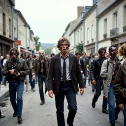 a photo of the famous zombie invasion in the streets of Vichy, 1984, colorized