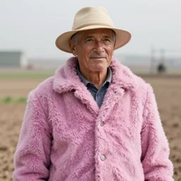 a a farmer in a purple faux fur coat in very soft persian pink plush john deere with pluche