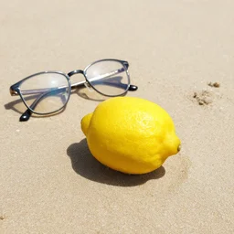 a photo of a lemon lying on the beach with glasses on