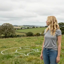 blond woman looking off into distance staring at chalk outlines in a pastoral British countryside
