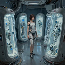 ultra realist intricate detailed painting of a room full of cryo pods, blade runner, sci - fi, very intricate details, female in focus, 8 k resolution, volumetric lighting, artstyle hiraku tanaka, award winning