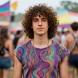 a caucasian man with curly mid length brown hair dressed up for a psychedelic rave