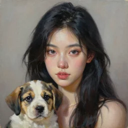 a painting of xyremm trending on artstation in the style of greg rutkowski, wlop, oil on canvas, feminine, beautiful, portrait, puppy, black hair, 3 d