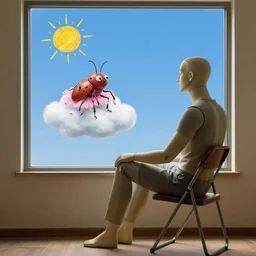 side view of a realistic male mannequin sitting on a folding chair looking out a window at a realistic blue sky, with a hand drawn sun and hand drawn cloud, a huge bug with tiny multiple eyes and wearing a pink ballerina outfit, sitting on the cloud, 8 k, n sharp detail, octane rendered, in the style of salvador dali