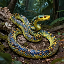 multicoloured viper crawling on ruins in jungle, elegant, high quality, striking, high contrast, very detailed, bright colours, smooth, fluid, coherent, high quality, dramatic lighting, by brom and magali villeneuve and mucha