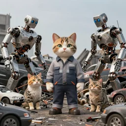 digital render. aesthetics. handsomely. handsome half - man half - cat in work clothes. car dump with the remains of broken robots. anthropomorphic cats in the middle of a car dump. artstation trend, 4 k. wow. octane render. vray