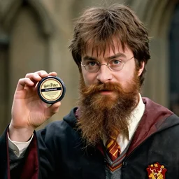 harry potter with long beards and beautiful mustache, beard balm in his hand