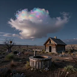 nocturnal landscape view of an iridescent cloud coming out from a water well near an old wood cottage in a desolate wasteland full of strange vegetation. detailed, soft light, sharp focus, intricate, trending artstayion, digital art