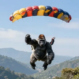 high quality photo of a gorilla parachuting, realism, 8k, award winning photo