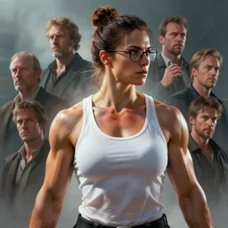 cinematic shot epic portrait an muscular female wearing a white tank top, sweaty wet skin, wet flowing brown bun hair, glasses, muscular, broad light, ambient occlusion, volumetric light effect, made by ivan aivazovsky, peter mohrbacher, greg rutkowski, ross tran, steven belledin, thomas kinkade, matte painting, trending on artstation, 4 k, perfectly defined features, digital painting, cinematic, epic, highly detailed,