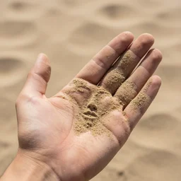 a hand holding a face made of sand, color photo, 8 5 mm high depth of field, warm color palette